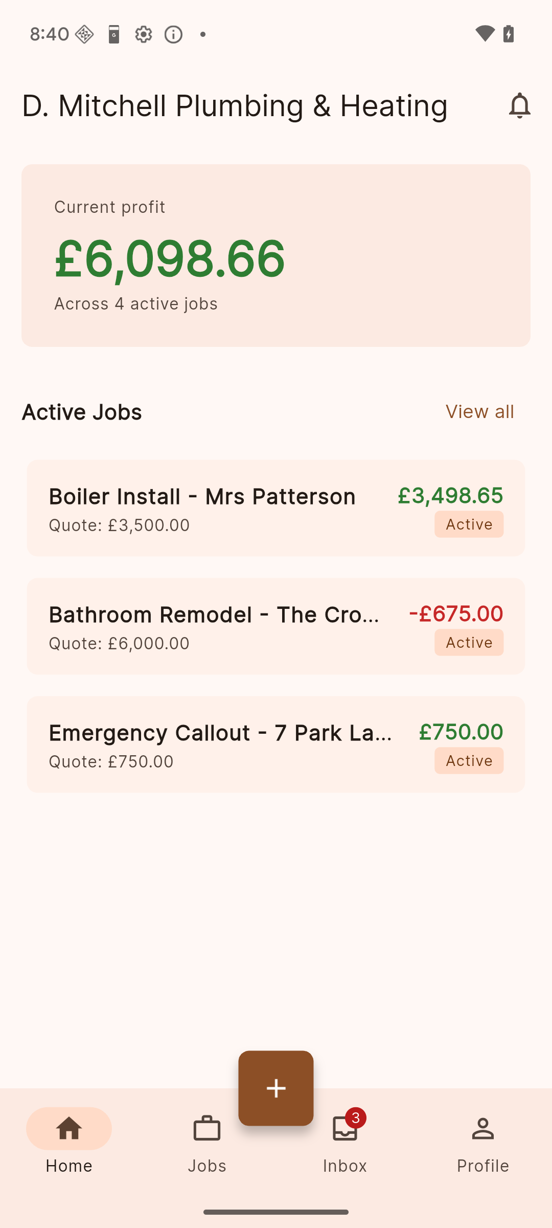 JustWork home screen showing profit across active jobs