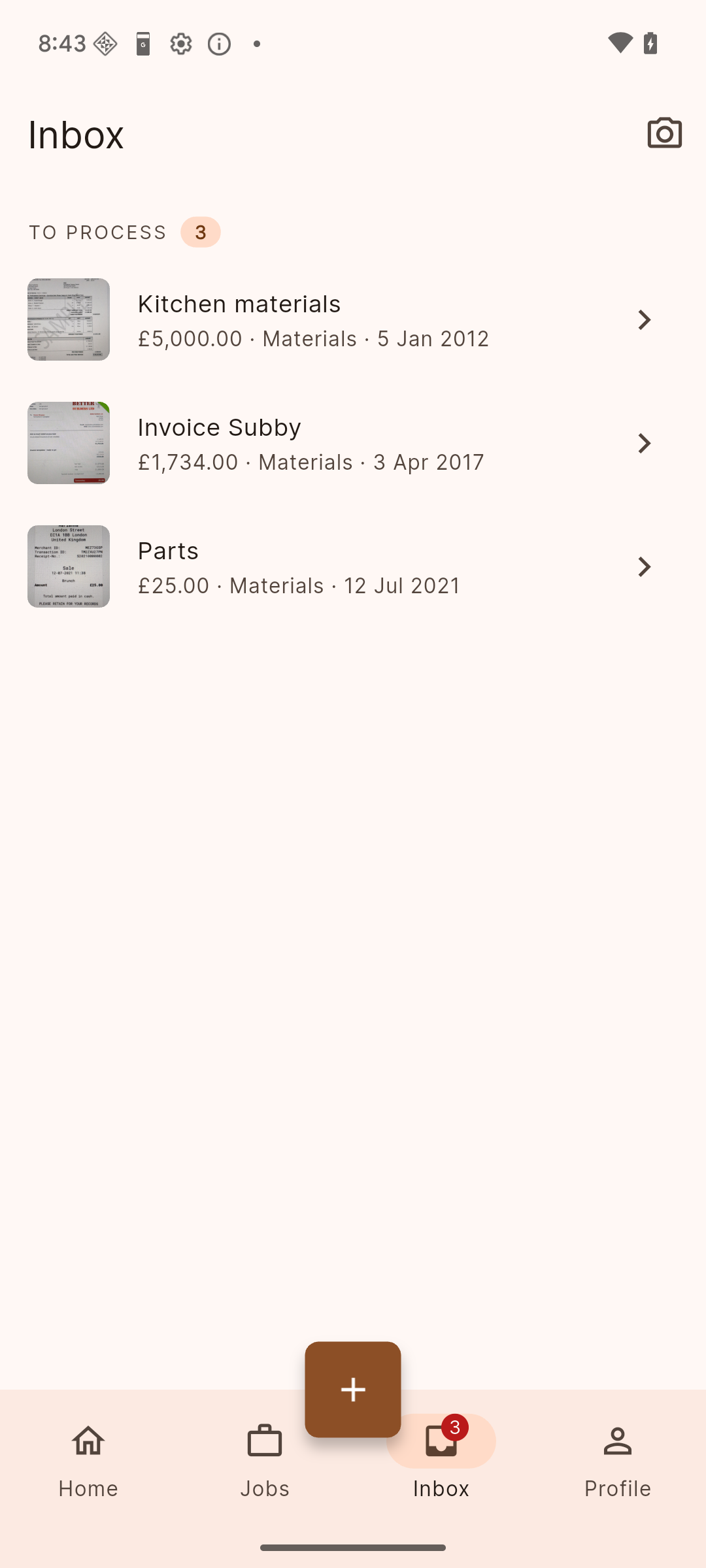 Inbox showing scanned receipts to process