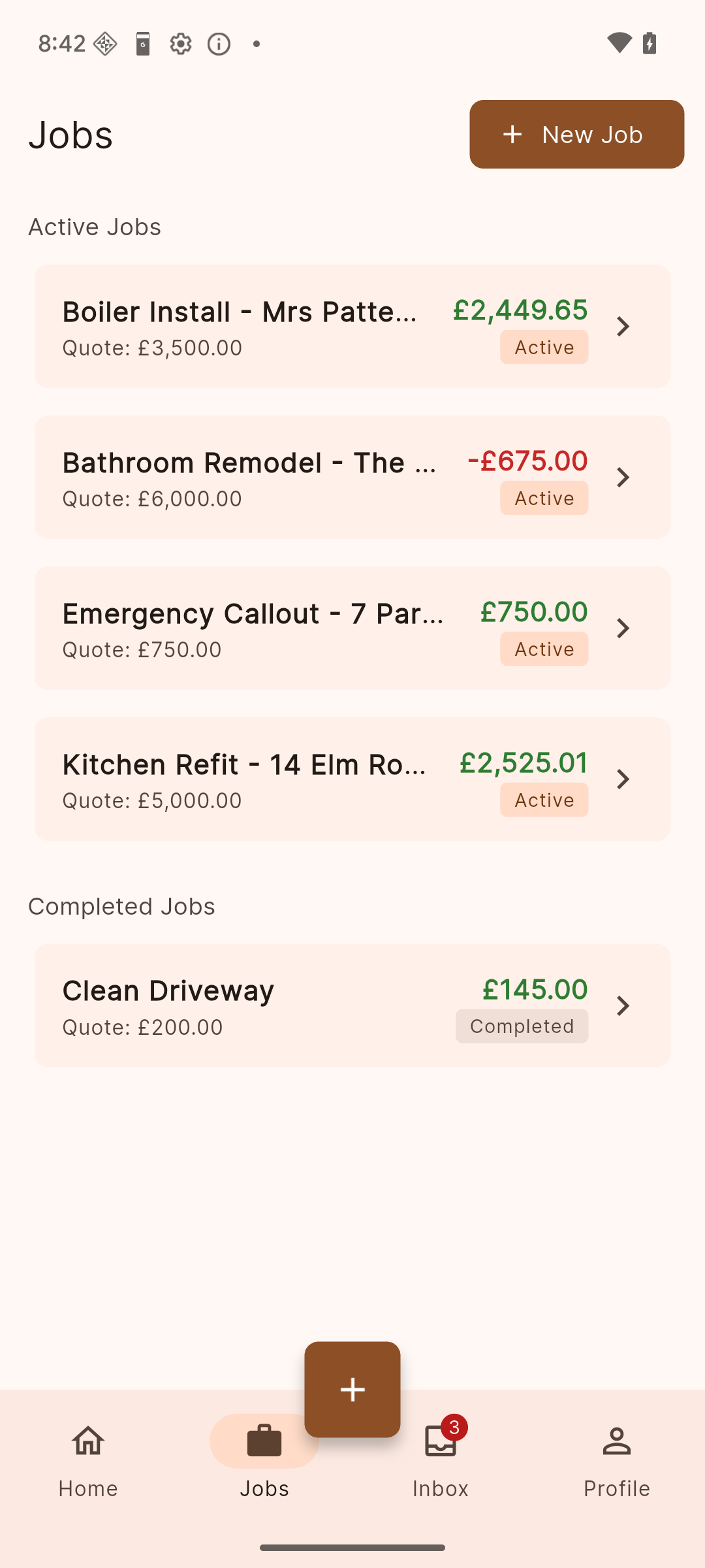 Jobs list showing active and completed jobs