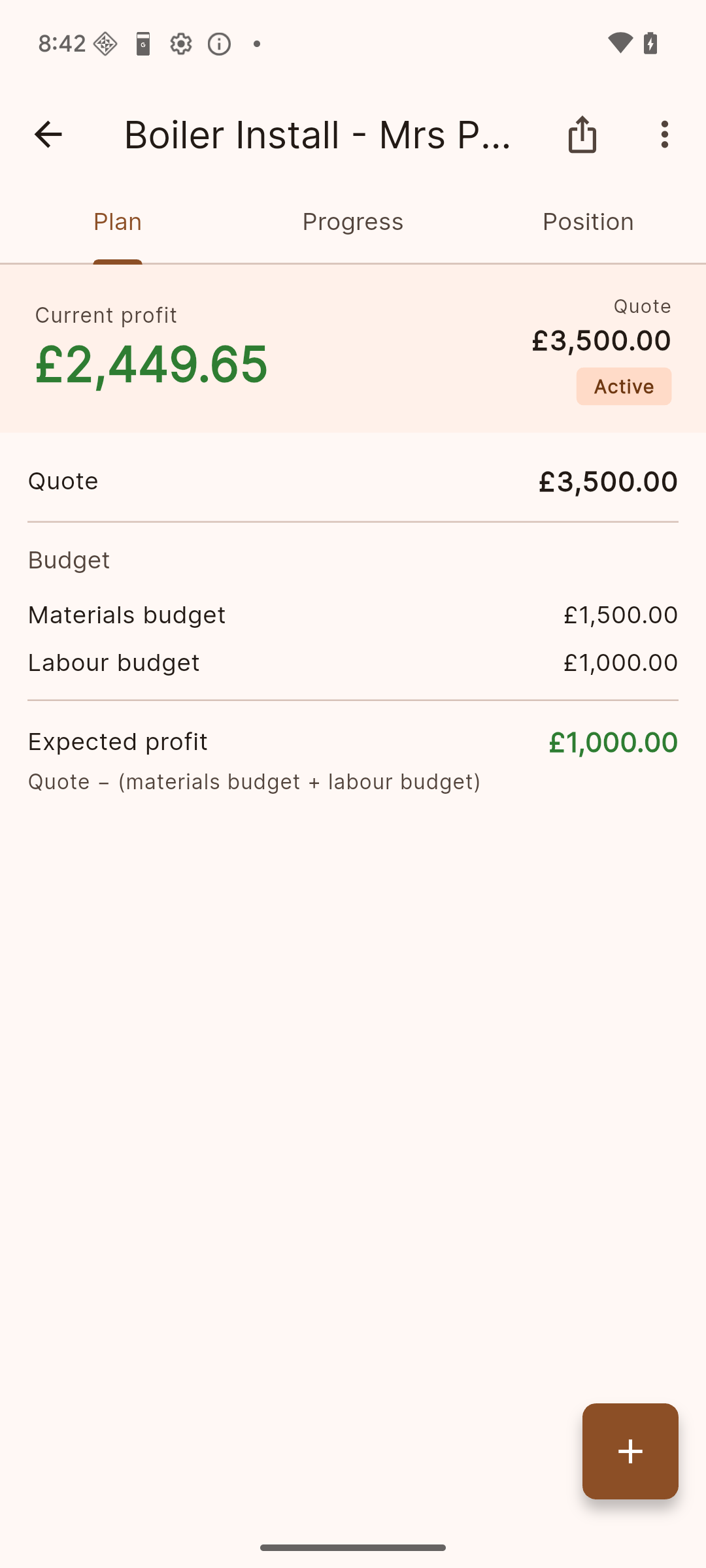 Job plan view with quote, budgets and expected profit
