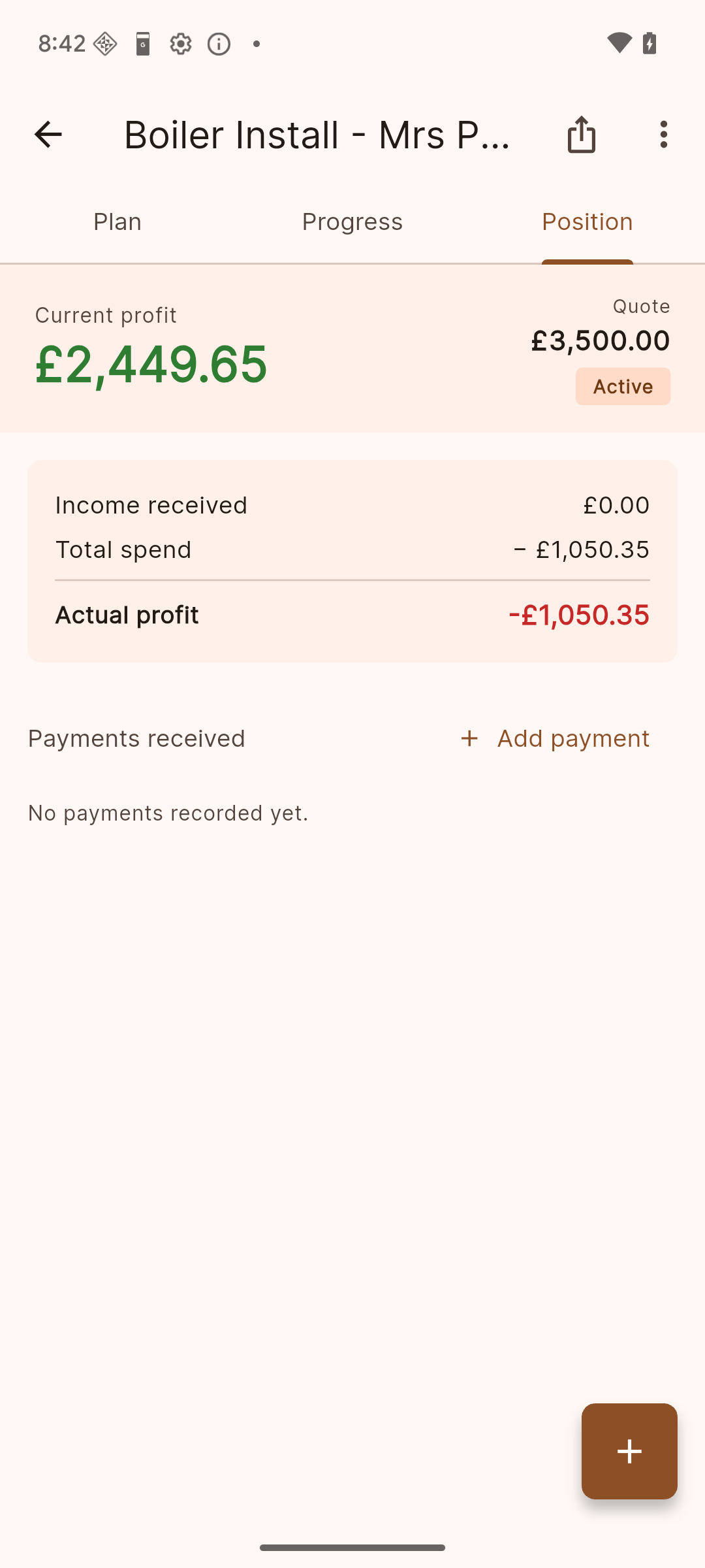 Job financial position with income and profit