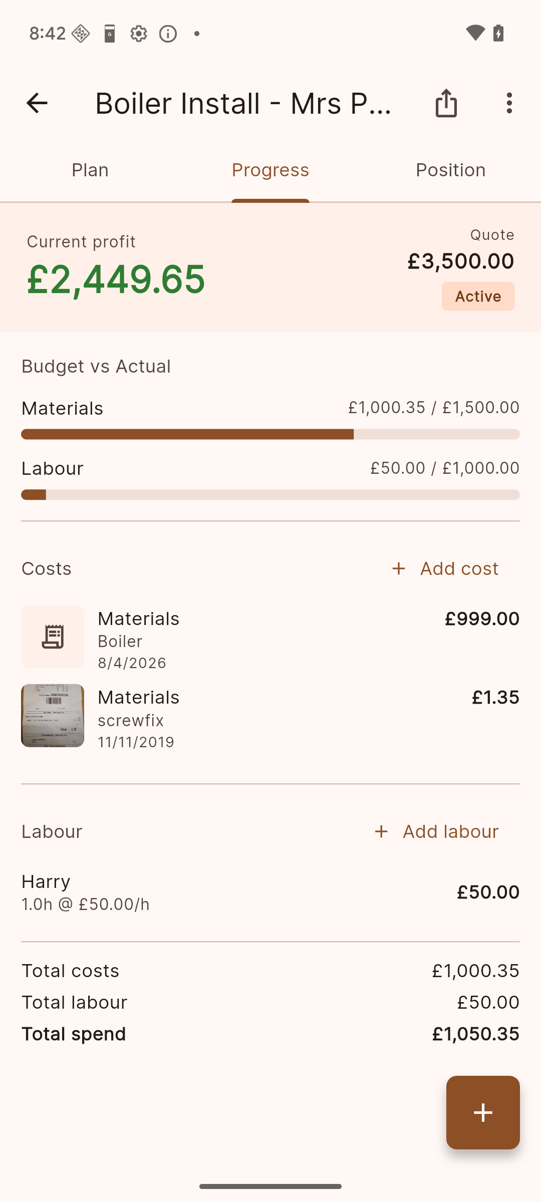 Job progress showing budget vs actual spend